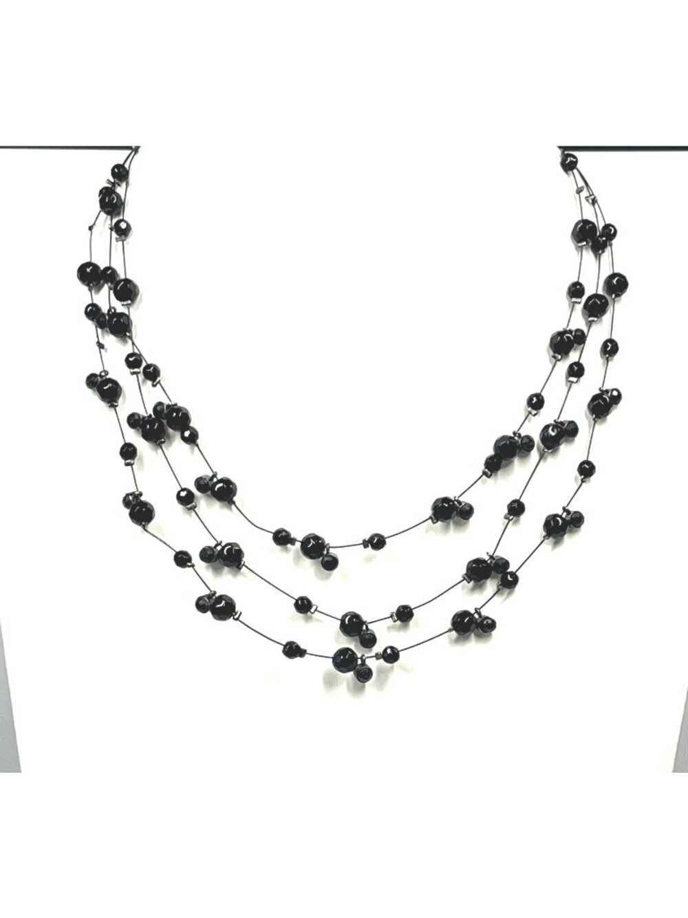 Black Multi-Strand Beaded Necklace Illusion Floating Beads 15"L Silver Clasp